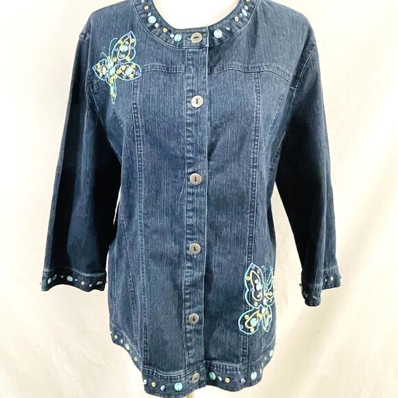 Alfred Dunner Jackets & Blazers - Vintage ALFRED DUNNER Blue Denim Butterfly Embroidered Jacket ~ Plus Size 18